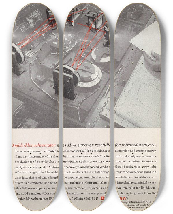 Triptych art skateboard deck of Beckman Instruments Doublemonochromator Gives Ir4 Superior Resolution For Infrared Analysis by Beckman Instruments (20-)