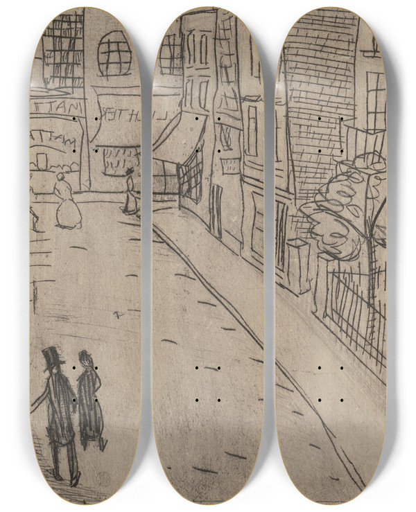 Triptych art skateboard deck of Raymond Mcintyre Street Scene by Raymond Mcintyre (1879-1933)