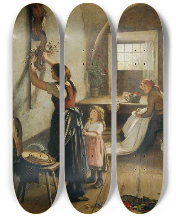 Triptych art skateboard deck of Emil Strecker Vor Den Feiertagen by Emil Strecker (1841-1925)