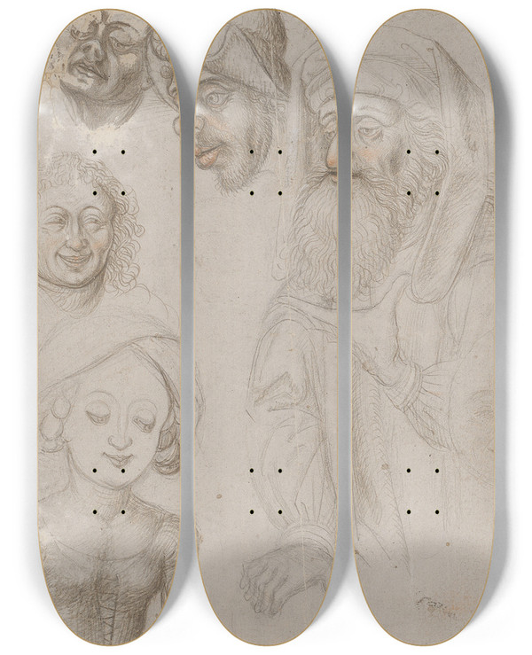 Triptych art skateboard deck of Caspar Isenmann Study Sheet With Two Halffigures And Four Heads by Caspar Isenmann (1430-1480)