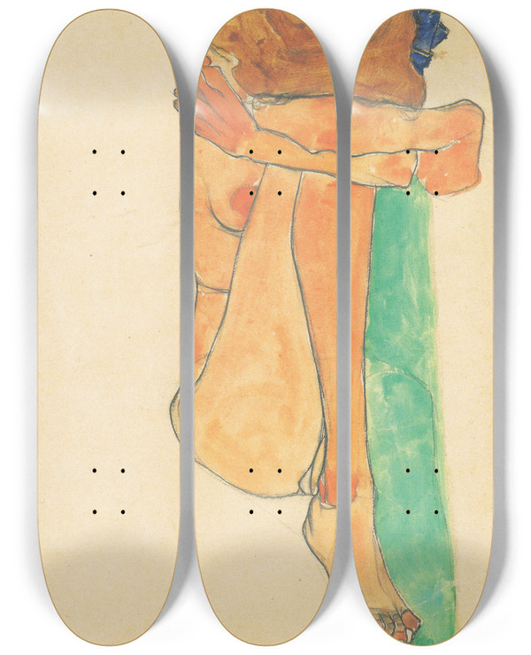Triptych art skateboard deck of Egon Schiele Weiblicher Akt Mit Grnem Polster by Egon Schiele (1890-1918)