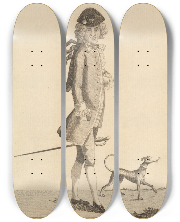 Triptych art skateboard deck of Mary Darly A Temple Macaroni by Mary Darly (1756-1779)
