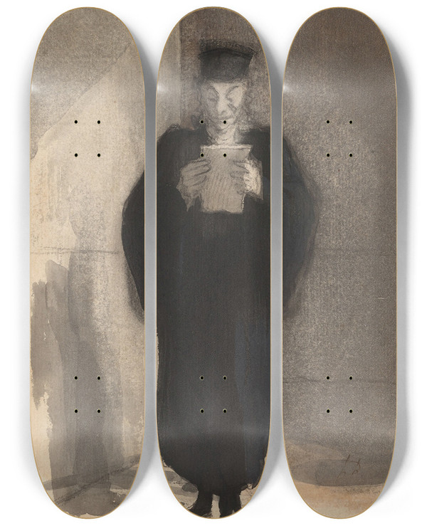 Triptych art skateboard deck of Honor Daumier A Lawyer Reading by Honore Daumier (1808-1879)