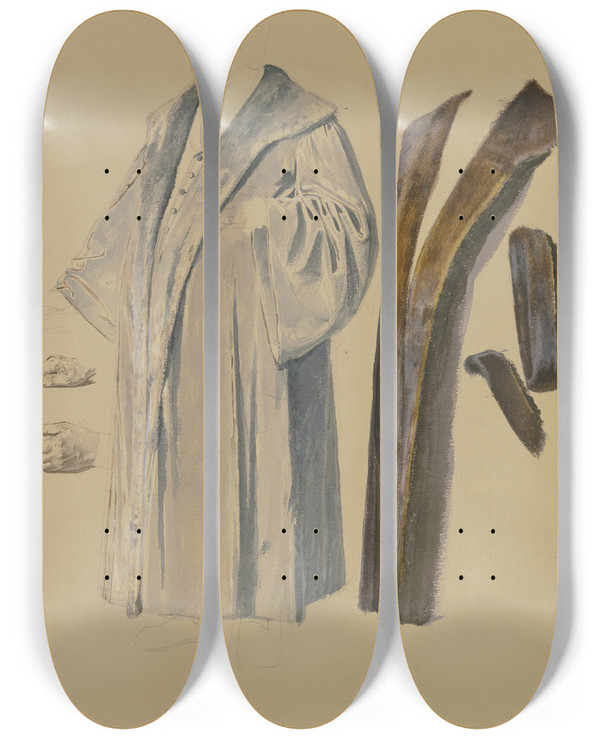 Triptych art skateboard deck of Josef Ferdinand Becker Studienblatt Mnnliche Kostmfigur Sowie Handstudien by Josef Ferdinand Becker (1846-1877)