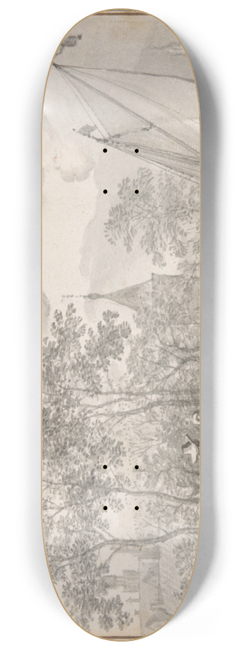 Allaert van Everdingen - Landscape with Elegant Figures by a River, with Boats to the Right and a Town Behind Trees Beyond 8.25 inch art skate deck