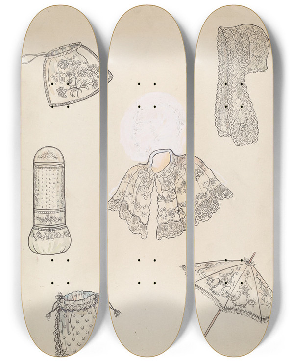 Triptych art skateboard deck of Lillian Causey Costume by Lillian Causey (20-)