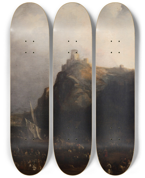 Triptych art skateboard deck of Genaro Prez Villaamil El Castillo De Gaucin by Genaro Perez Villaamil (1807-1854)