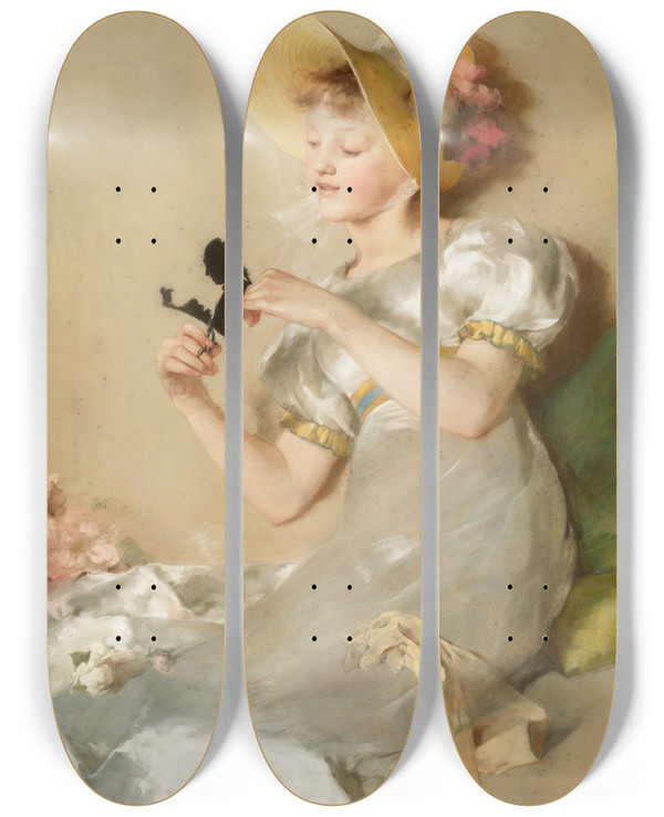 Triptych art skateboard deck of August Mandlick  Die Silhouettenschneiderin by August Mandlick