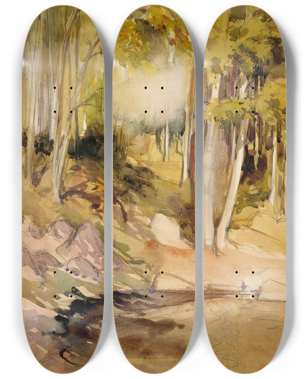 Triptych art skateboard deck of Albert Edelfelt In The Woods by Albert Edelfelt (1854-1905)