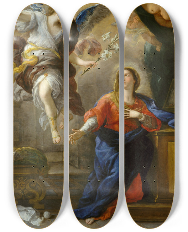 Triptych art skateboard deck of Luca Giordano The Annunciation by Luca Giordano (1634-1705)