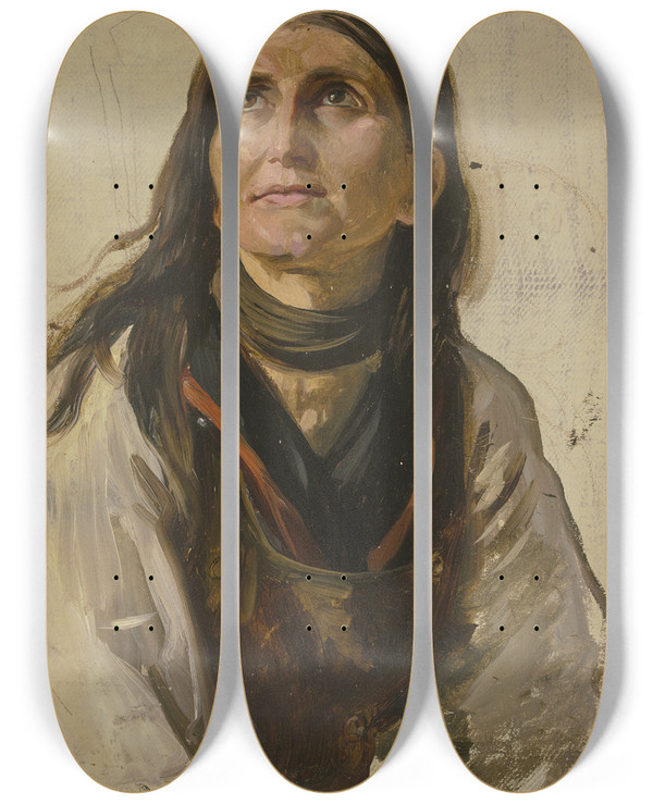 Triptych art skateboard deck of Jakob Becker Bildnis Einer Lchelnden Buerin Mit Offenem Haar_1 by Jakob Becker (1810-1872)
