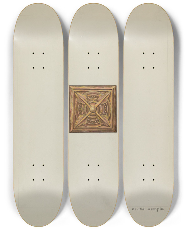 Triptych art skateboard deck of Bertha Semple Carved Wood Ornament by Bertha Semple