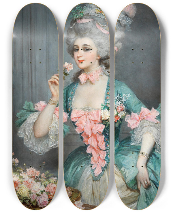 Triptych art skateboard deck of Lucius Rossi An Elegant Lady With Roses by Lucius Rossi (1846-1913)