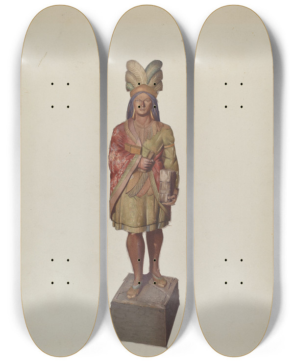 Triptych art skateboard deck of Joseph Goldberg Cigar Store Indian by Joseph Goldberg