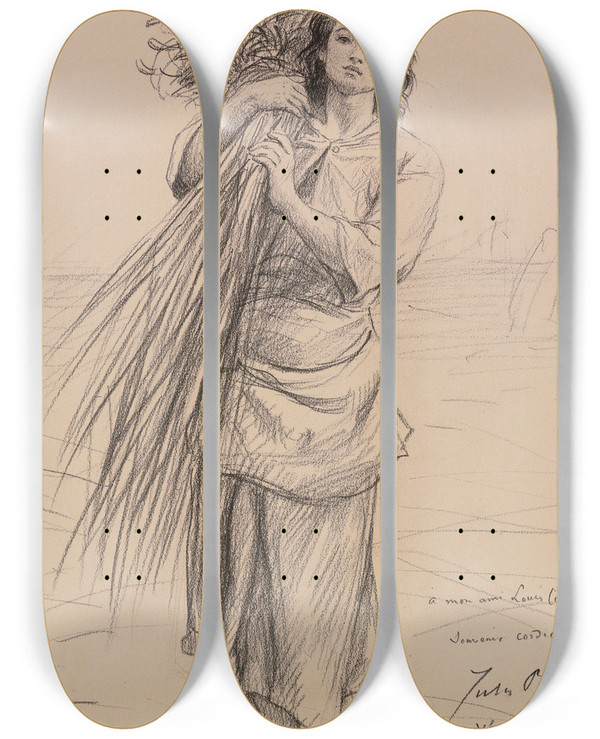 Triptych art skateboard deck of Jules Breton Jeune Glaneuse Portant Une Gerbe by Jules Breton (1827-1906)