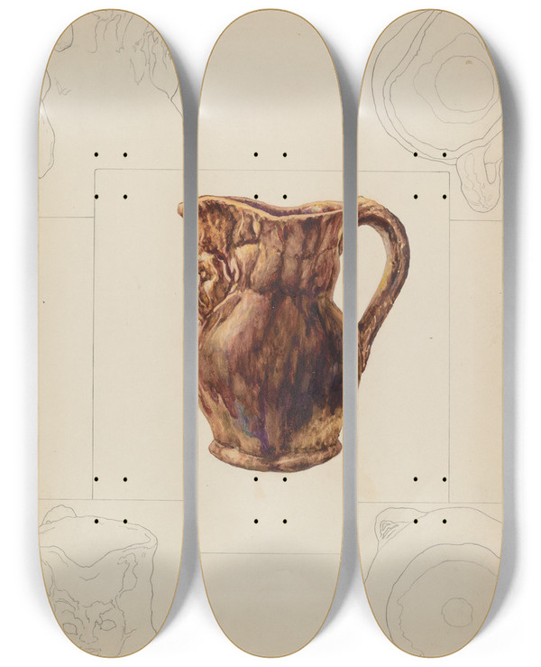 Triptych art skateboard deck of Katharine Merrill Toby Pottery Jug by Katharine Merrill