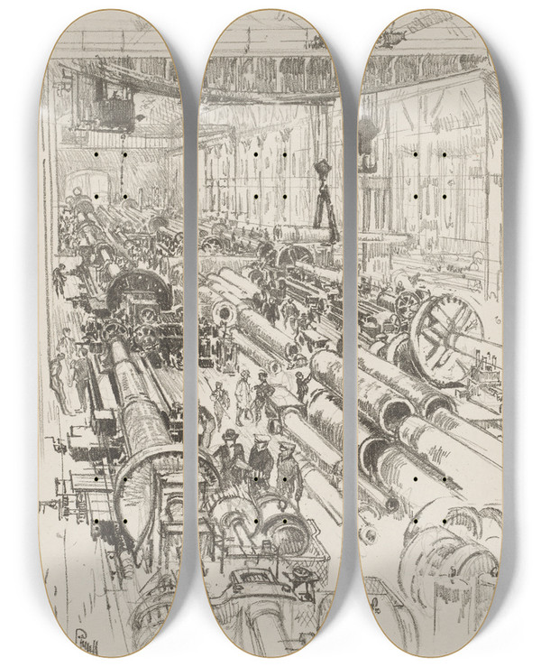 Triptych art skateboard deck of Joseph Pennell The Gun Shop by Joseph Pennell (1857-1926)