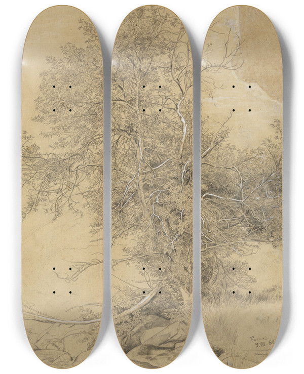 Triptych art skateboard deck of Hans Thoma Weide Am Bach by Hans Thoma (1839-1924)