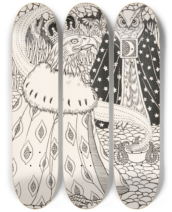 Triptych art skateboard deck of Percy J Billinghurst The Eagle And The Owl by Percy J Billinghurst (1871-1933)
