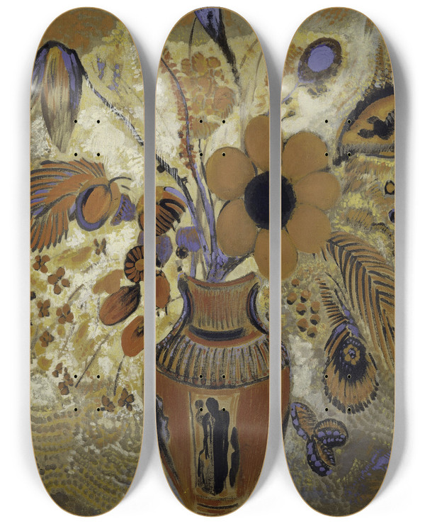 Triptych art skateboard deck of Odilon Redon Etruscan Vase With Flowers by Odilon Redon (1840-1916)