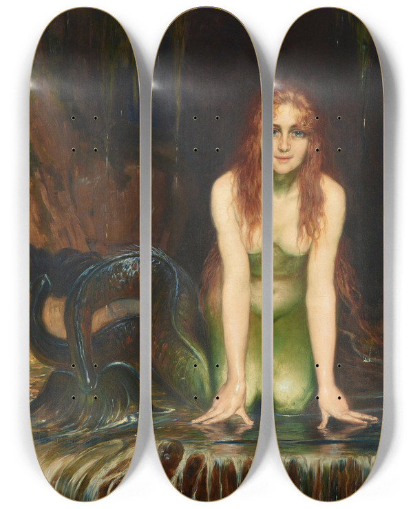 Triptych art skateboard deck of Angelo Von Courten Die Nixe by Angelo Von Courten (1848-1925)