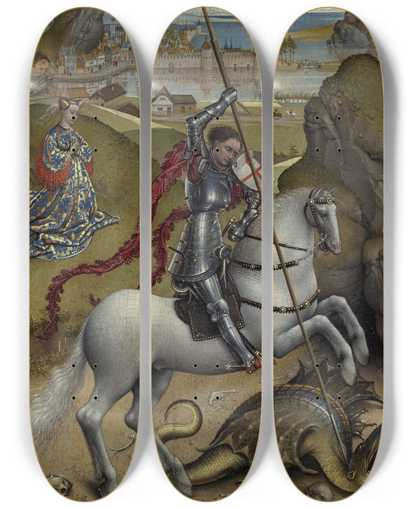 Triptych art skateboard deck of Rogier Van Der Weyden Saint George And The Dragon by Rogier van der Weyden (1399-1464)