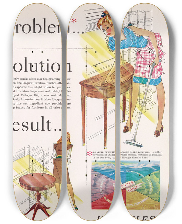 Triptych art skateboard deck of Hercules Incorporated Problem Solution Result January by Hercules Incorporated (20-)