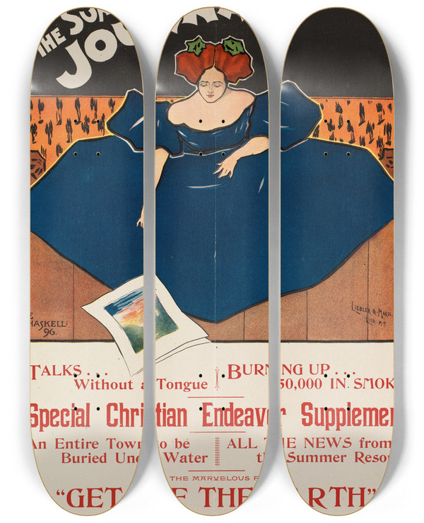 Triptych art skateboard deck of Ernest Haskell The Sunday Journal_3 by Ernest Haskell (1876-1925)