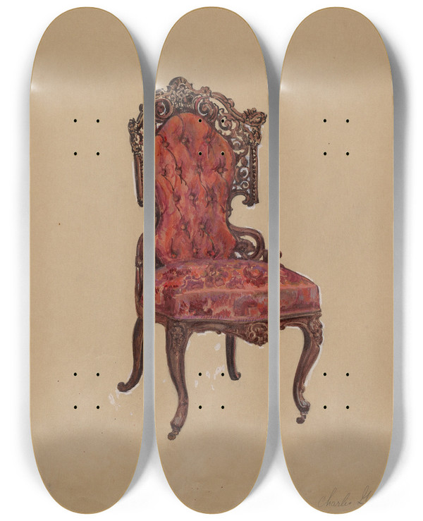 Triptych art skateboard deck of Charles Garjian Side Chair by Charles Garjian