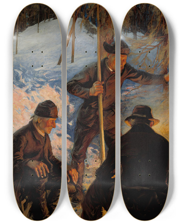 Triptych art skateboard deck of Pekka Halonen Lumberjacks Around A Campfire by Pekka Halonen (1865-1933)
