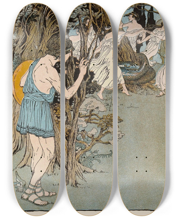 Triptych art skateboard deck of Maud Hunt Squire So He Stepped Forward And Saw Them Dancing by Maud Hunt Squire (1873-1954)
