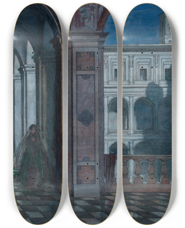 Triptych art skateboard deck of William Heath Robinson But Like A Cloistress She Will Veiled Walk by William Heath Robinson (1872-1944)
