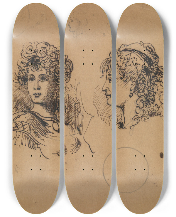 Triptych art skateboard deck of George Augustus Sala Two Female Heads by George Augustus Sala (1828-1895)