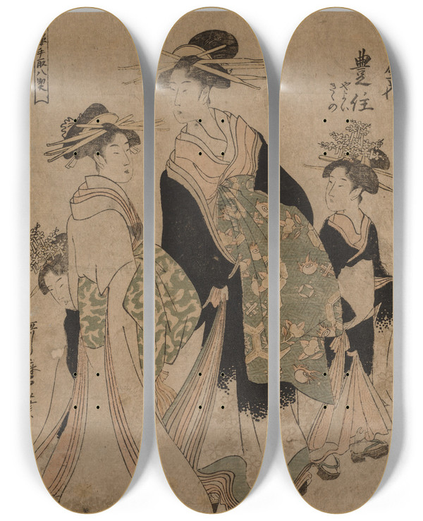 Triptych art skateboard deck of Kitagawa Utamaro Courtesans And Attendants by Kitagawa Utamaro (1753-1806)
