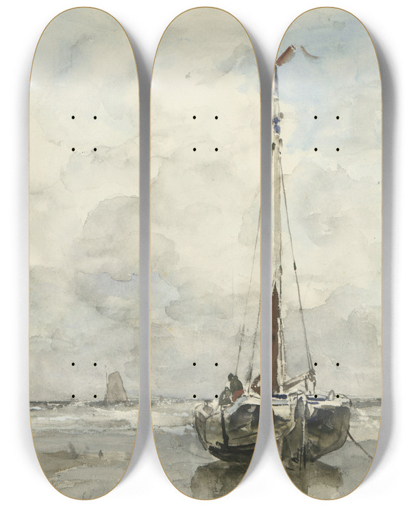 Triptych art skateboard deck of Jacob Maris Visserspink Aan Het Strand by Jacob Maris (1837-1899)