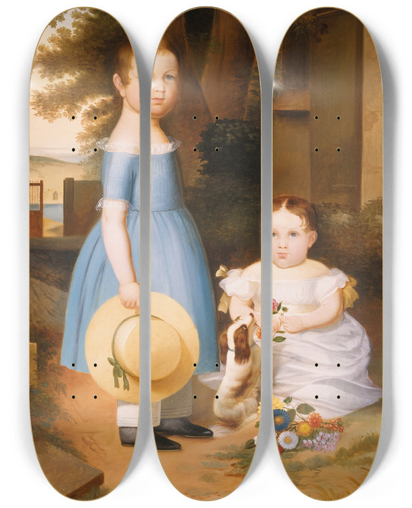 Triptych art skateboard deck of Arthur Armstrong Two Sisters With Puppy And Flowers by Arthur Armstrong (1798-1851)