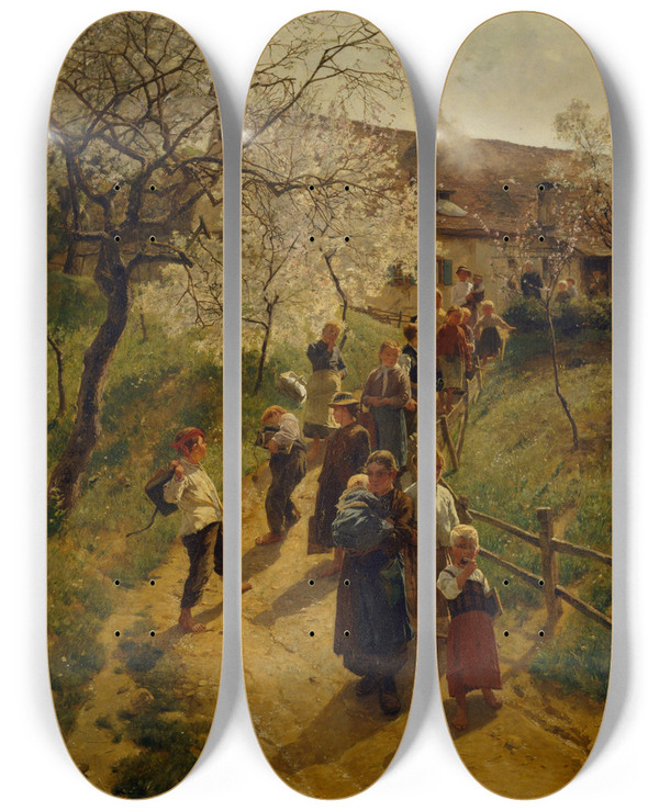 Triptych art skateboard deck of Friedrich Kallmorgen A Spring Day by Friedrich Kallmorgen (1856-1924)