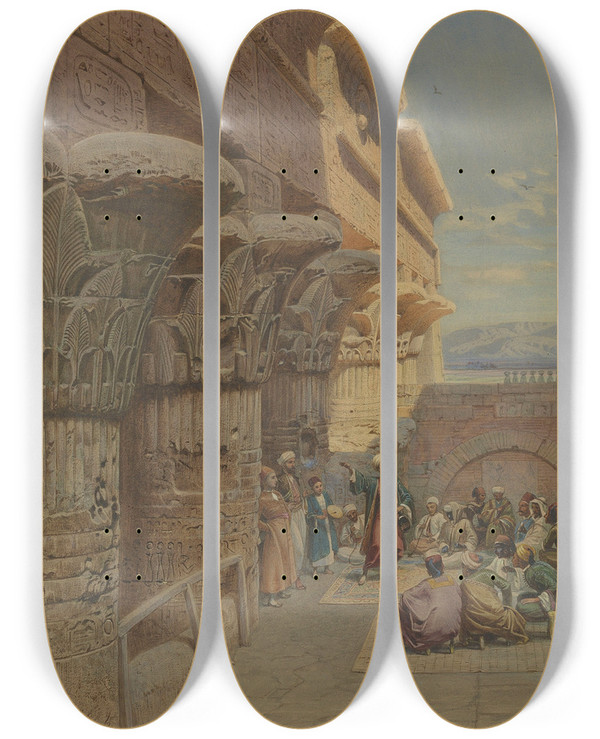 Triptych art skateboard deck of Carl Friedrich Heinrich Werner Musicians At Philae by Carl Friedrich Heinrich Werner (1808-1894)