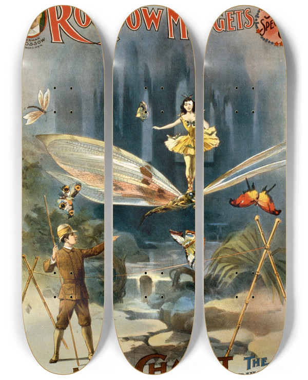Triptych art skateboard deck of Hc Miner Litho Co Rossow Midgets Star Speciality Co by H.C. Miner Litho. Co. (1896-1935)