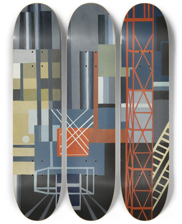 Triptych art skateboard deck of Alexandra Exter Constructivist Stage Design by Alexandra Exter (1882-1949)