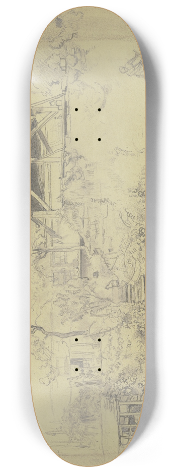 Jakob Frchtegott Dielmann - Auf einer alten Mauer ein Schuppen, eine Treppe fhrt hinauf, auf der eine Katze sitzt, links ein Bienenstand 8.25 inch art skate deck
