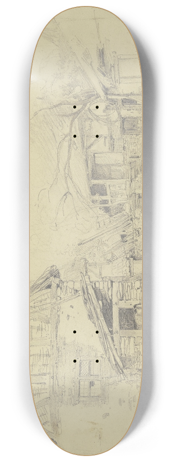 Jakob Frchtegott Dielmann - Bauernhof, links ein Ziehbrunnen, im Hintergrund an einer Treppe eine Gruppe Kinder 8.25 inch art skate deck