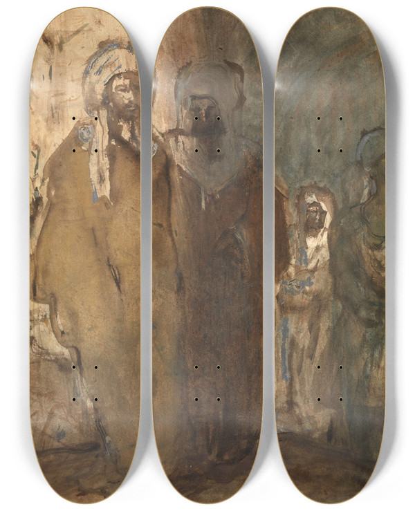 Triptych art skateboard deck of Marius Bauer Arabs by Marius Bauer (1867-1932)