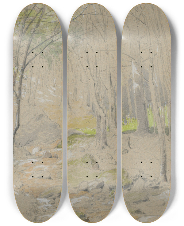 Triptych art skateboard deck of Friedrich Carl Von Scheidlin Forest Stream by Friedrich Carl Von Scheidlin (1822-1913)