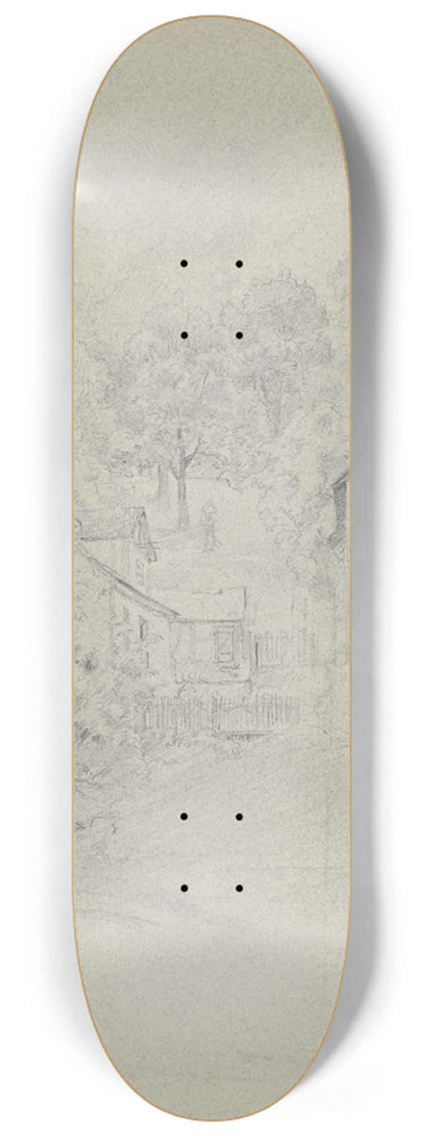 Jakob Frchtegott Dielmann - Bauernhuser zwischen Bumen, vorne ein Zaun, an welchem rechts zwei Kinder stehen 8.25 inch art skate deck