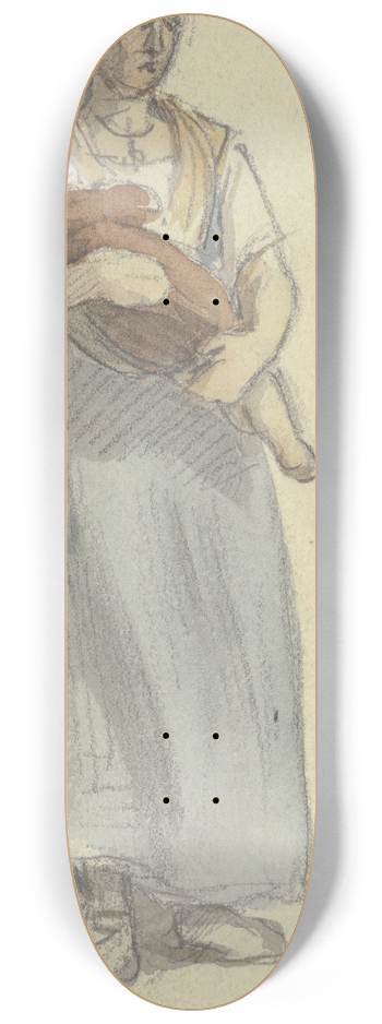 Jakob Frchtegott Dielmann - Bauersfrau in Hemdsrmeln, blauem Kleid, sie hat ein kleines Kind auf dem Armen 8.25 inch art skate deck