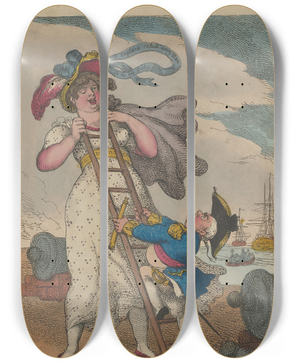 Triptych art skateboard deck of Thomas Rowlandson Accomodation Ladder by Thomas Rowlandson (1756-1827)