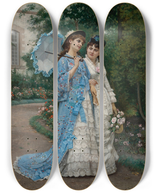 Triptych art skateboard deck of Auguste Toulmouche A Garden Stroll by Auguste Toulmouche (1829-1890)