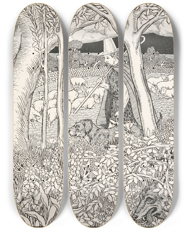 Triptych art skateboard deck of Percy J Billinghurst The Shepherd And His Dog by Percy J Billinghurst (1871-1933)
