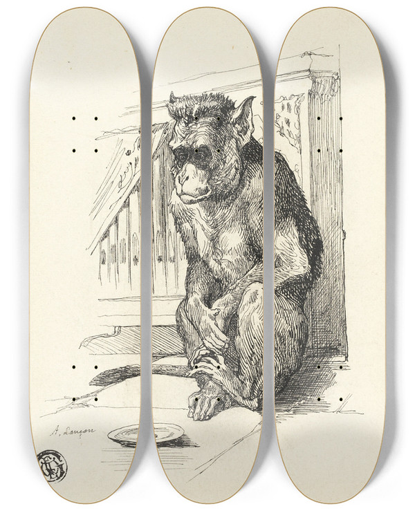 Triptych art skateboard deck of Auguste Andre Lanon Begging Monkey by Auguste Andre Lancon (1836-1887)